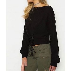 NWOT Black Grommet Lace Up Knit Sweater